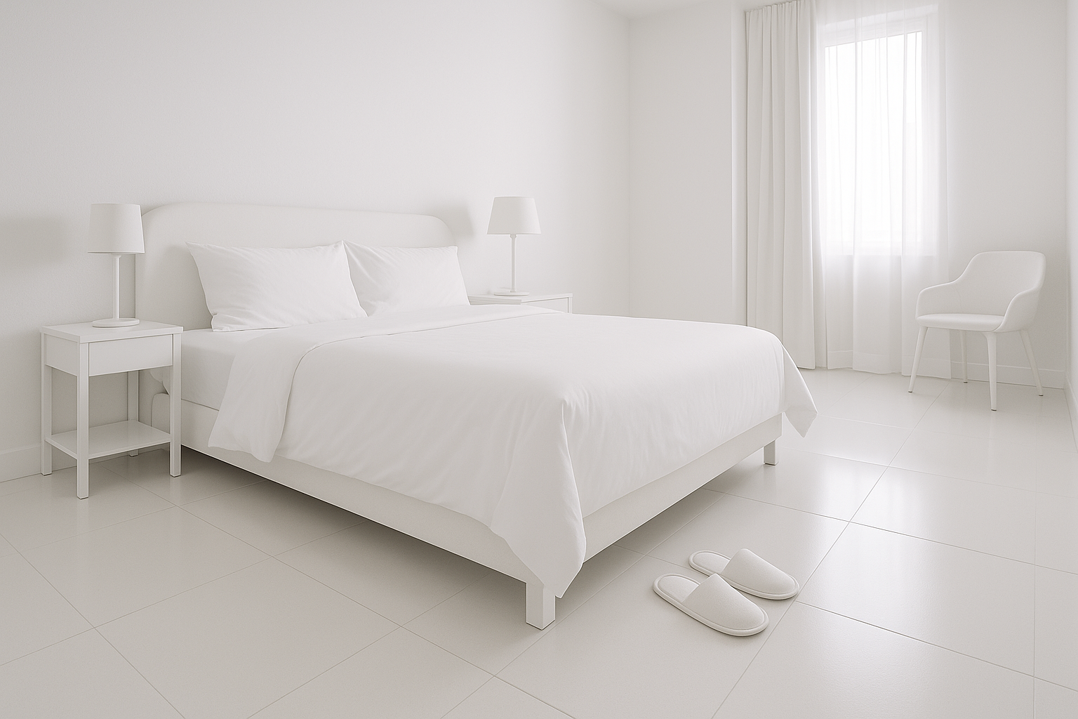White hotel room with a pair of disposable slippers on the floor